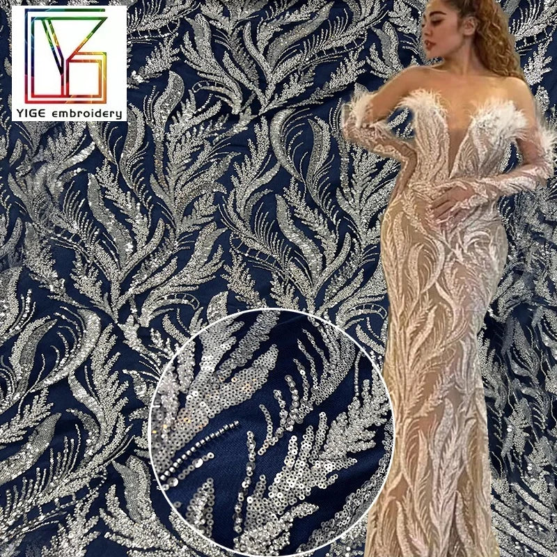 New Bridal Tulle Sequins Lace Mesh Dress Embroidery Fabric 3d Beaded Fabrics for European Wedding Dress
