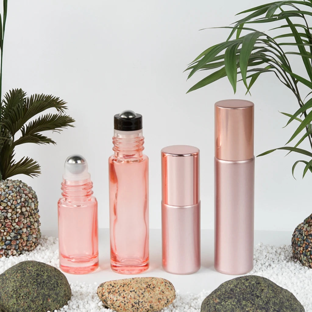 5ml & 10ml Refillable Rose Gold Pink Glass Roll-on Bottle Cylinder Shape with Screw Cap for Essential Oils and Perfume
