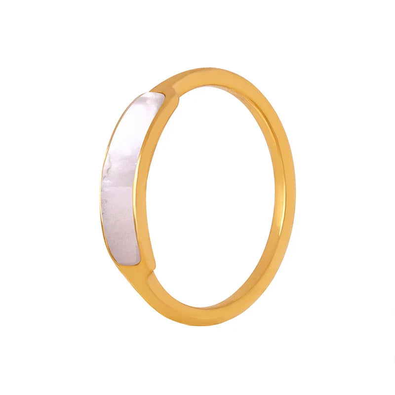 Trendy Minimalist Stainless Steel 18K Gold Plated Geometric White Shell Stackable Finger Rings for Women Daily Wear
