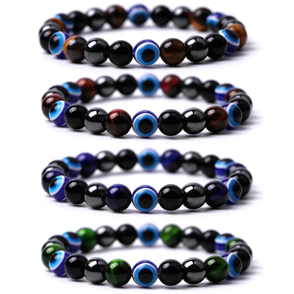 Fashion Wholesale Men 8mm Colorful Tiger Eye Stone Turkish Blue Evil Eyes Fish Eye Beads Elasticity Bracelet for Women Jewelry