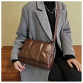 Brown and Black Small Ladies Puffer Quilted Soft Leather Handbag Shoulder Bag for Women with Zipper