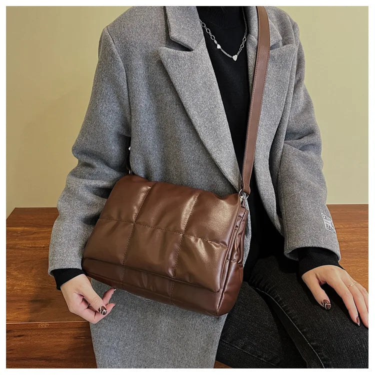 Brown and Black Small Ladies Puffer Quilted Soft Leather Handbag Shoulder Bag for Women with Zipper