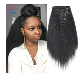 High Quality Beauty Kinky Straight Full Yaki 8 Pcs 18 Clips Handy Synthetic Clips in Hair Extensions for Women Girls