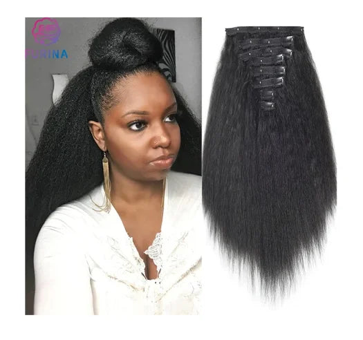 High Quality Beauty Kinky Straight Full Yaki 8 Pcs 18 Clips Handy Synthetic Clips in Hair Extensions for Women Girls
