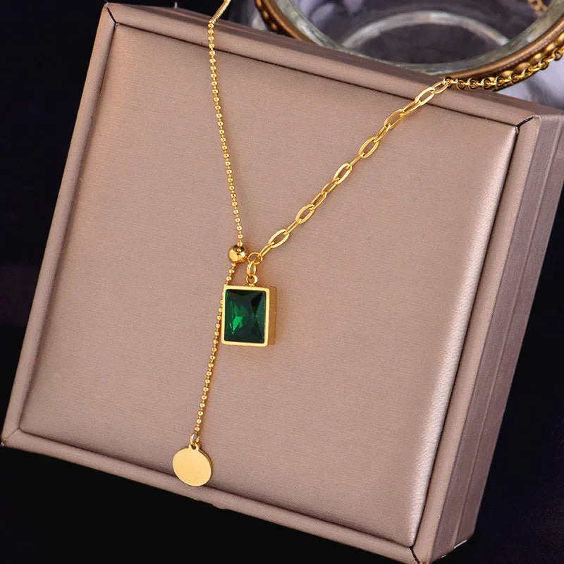 Stainless Steel Gold Plated Chain Beaded Splice Clavicle Chain Necklace Vintage Geometry Square Emerald Pendant Necklace
