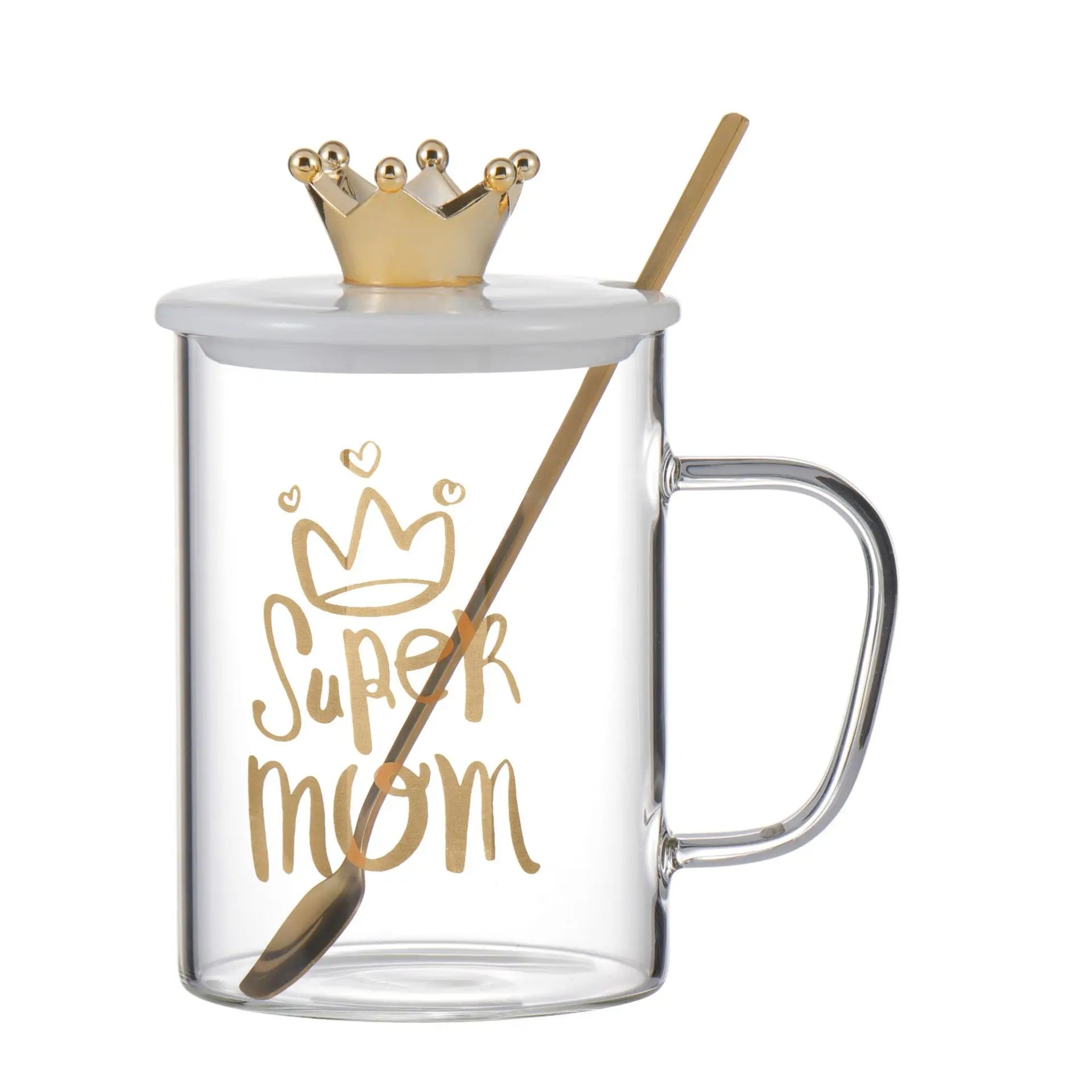 Gold Painted Crown Glass High Borosilicate Water Cup with Lid Coffee Mug