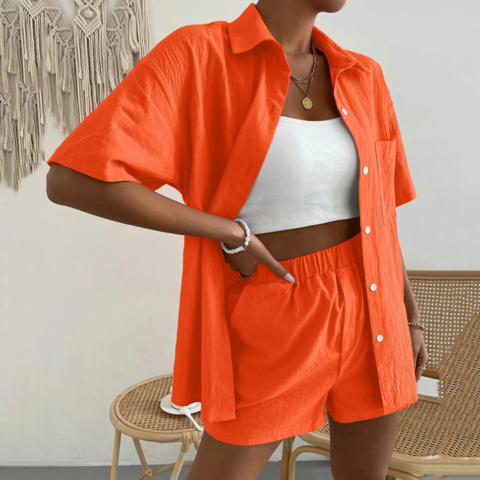 S-XL New Summer Cotton Hemp Fashion Casual Set Solid Short Sleeve Off Shoulder Shirt and Solid Shorts Set