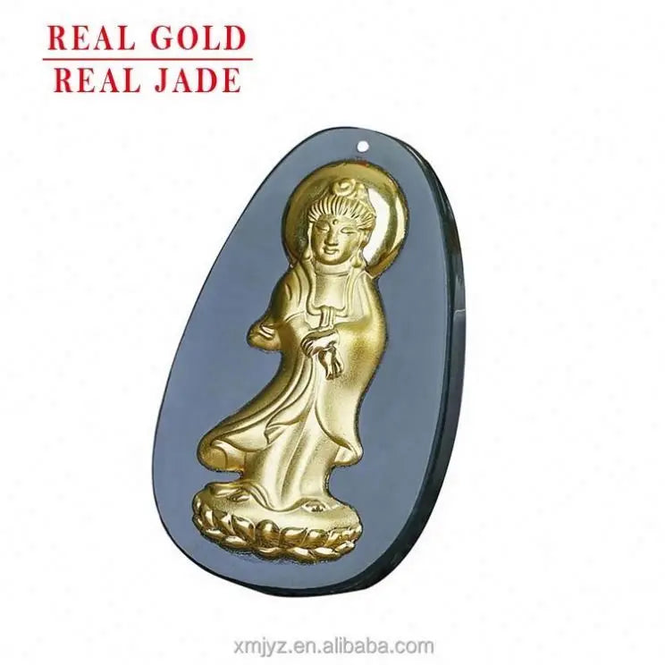 Certified 4D  Gold Gold Inlaid Jade Pendant Hetian Jade Ink Jade Guanyin Laughing Buddha Pendant Oval Men And Women Necklace