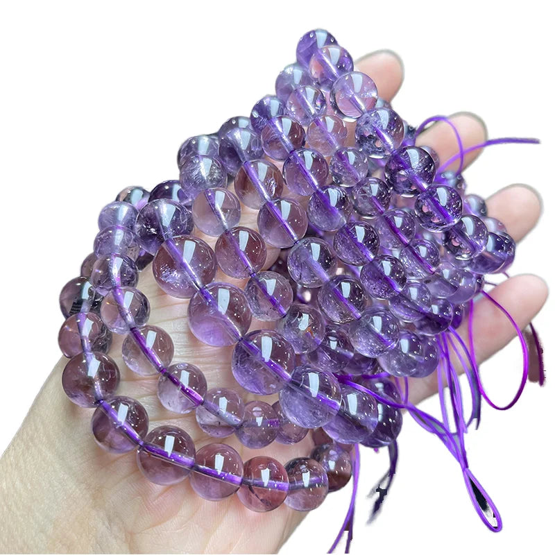 JD Women's Light Purple Beaded Bracelet with Natural Ice Amethyst 7A Energy Crystal Stone Reiki Healing Bangle