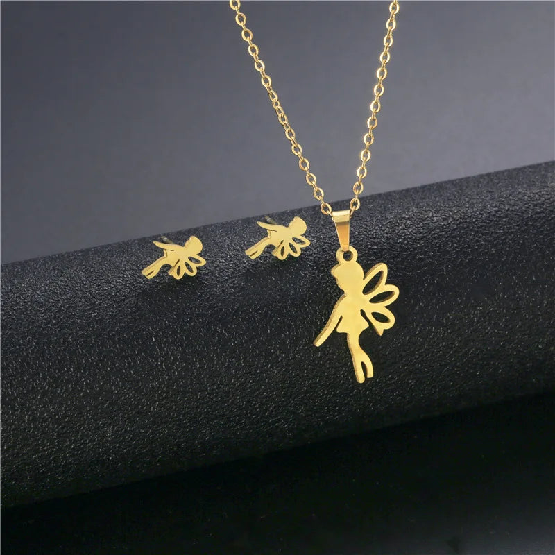 New Hot Selling Cheap Cute Angel Pendant Stainless Steel Gold Collarbone Chain Niche Necklace Earring Set Wholesale