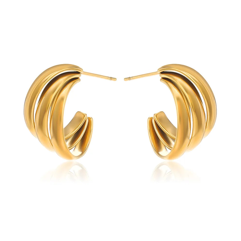 Fashion Tarnish Free Jewelry 18k Gold Plated Stainless Steel Three Layer C Shaped Stud Earring