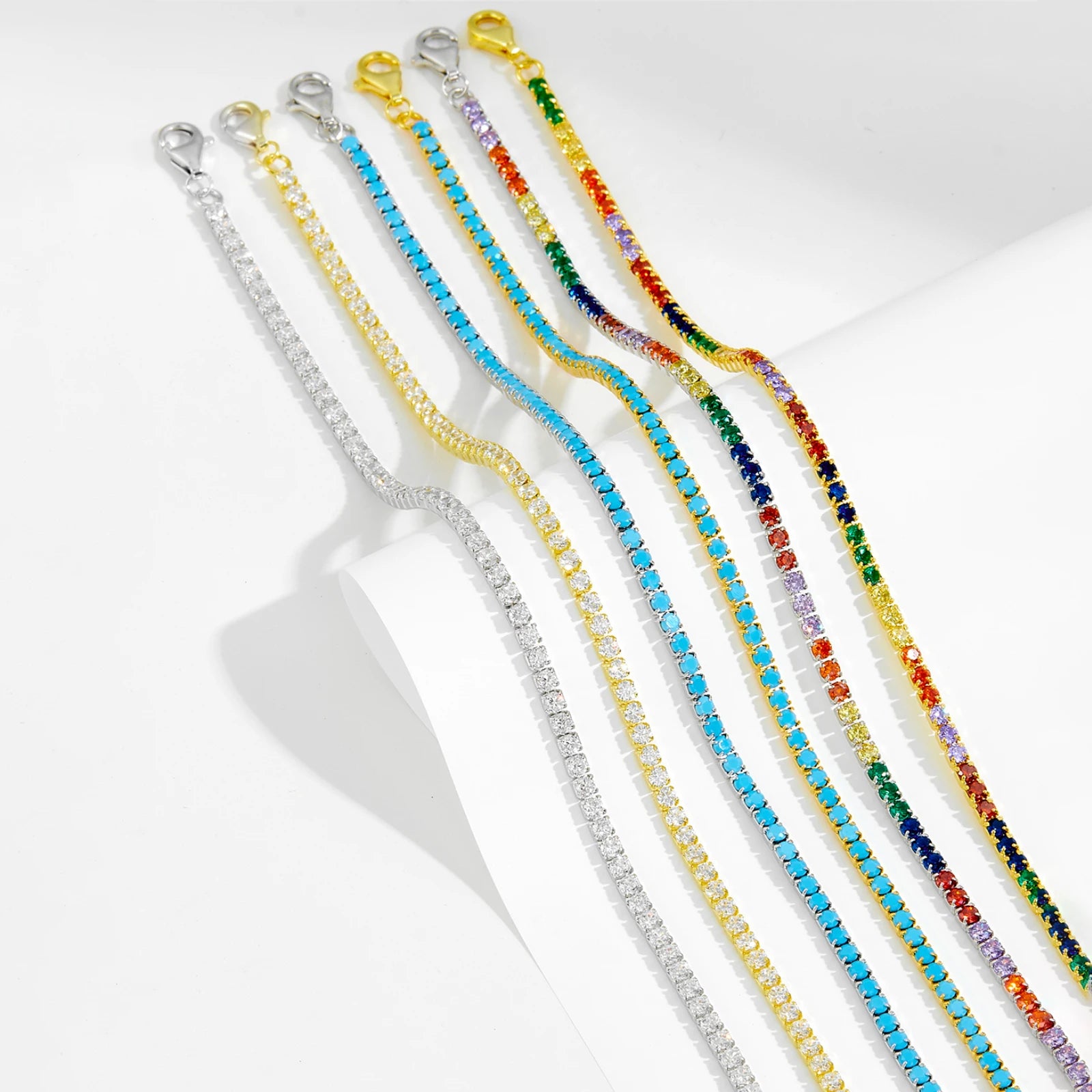 FUAMAY  Trendy Jewelry 925 Sterling Silver 18K Gold Plated 2mm Rainbow Colored CZ Stackable Tennis Assorted Bracelets for Women
