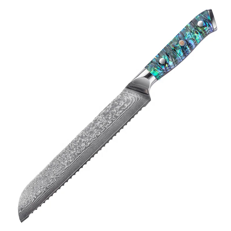 8 Inch Bread Knife JDH Damascus Kitchen Knife 67 Layers Damascus Steel with Abalone Shell Handle