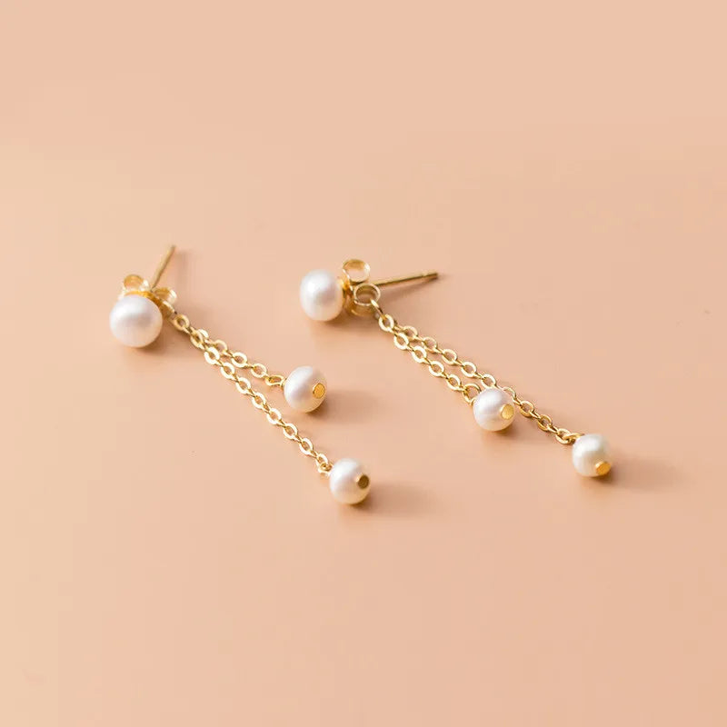 Wholesale 925 Sterling Silver Tassel Chain Droop Earrings Korean Fashion Freshwater Baroque Pearl Ladies Gift Jewelry Party Gold