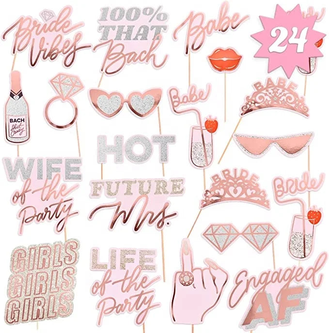 Bachelorette Photo Booth Props - 24 Pieces Pre-Assembled - Rose Gold Future Mrs Party Decorations Bride to Be Bridal Shower