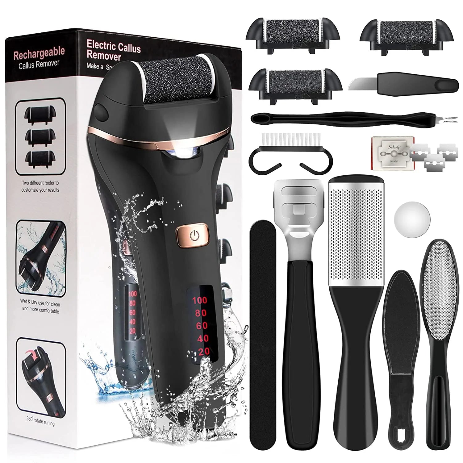 New Foot Scrubber File  3 Rollers 2 Speed Professional Pedicure 10 in 1  Foot Care Tools for Dead Skin