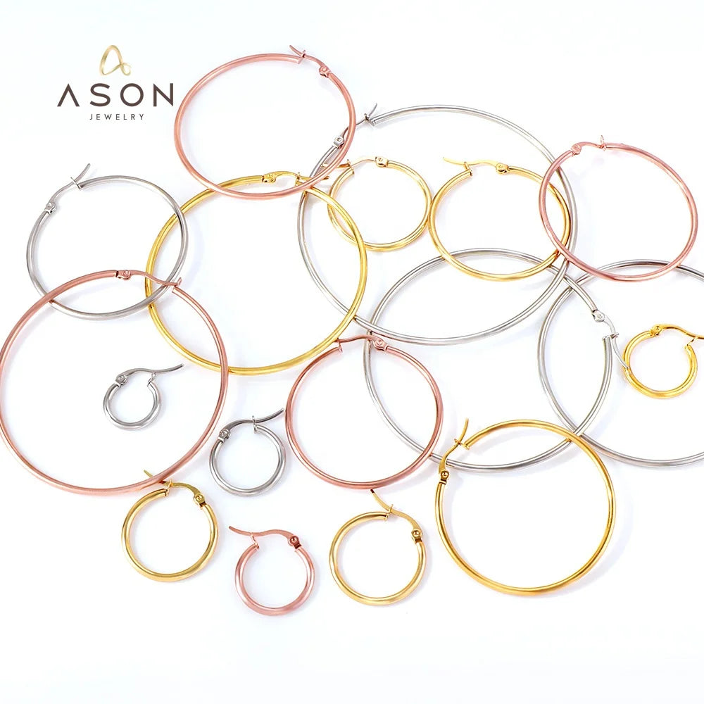 Ason Hot Sale Fashion Jewelry Big Earrings Women Gift Stainless Steel 18k Rose Gold Plated Jewelry Hollow Mini Hoop Earrings