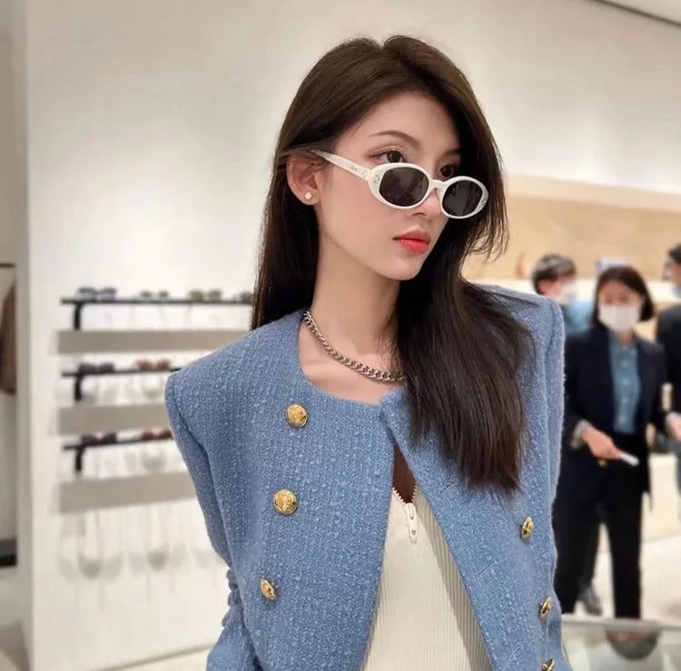 UNOC High-End Sunglasses Small Frame with Trendy Metal Nails Style Blue PC Frame and Acrylic Lenses for Women and Men