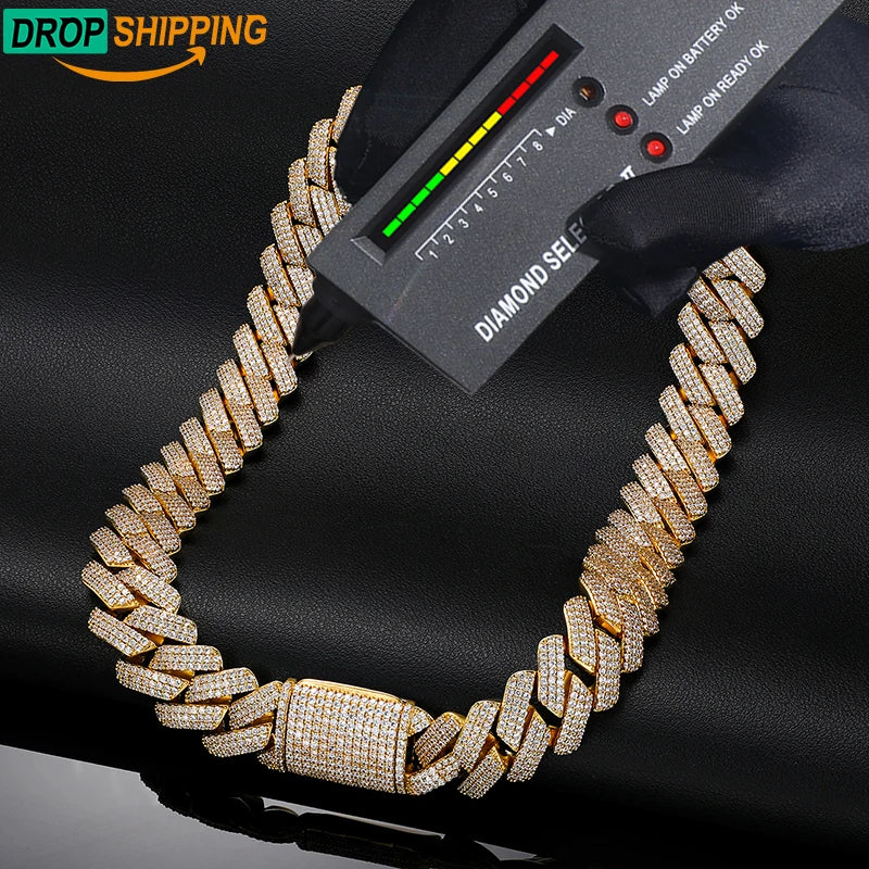 Dropshipping Luxury Hiphop Jewelry Men 19mm 925 Sterling Silver VVS Moissanite Diamond Iced Out Cuban Link Chain Necklace