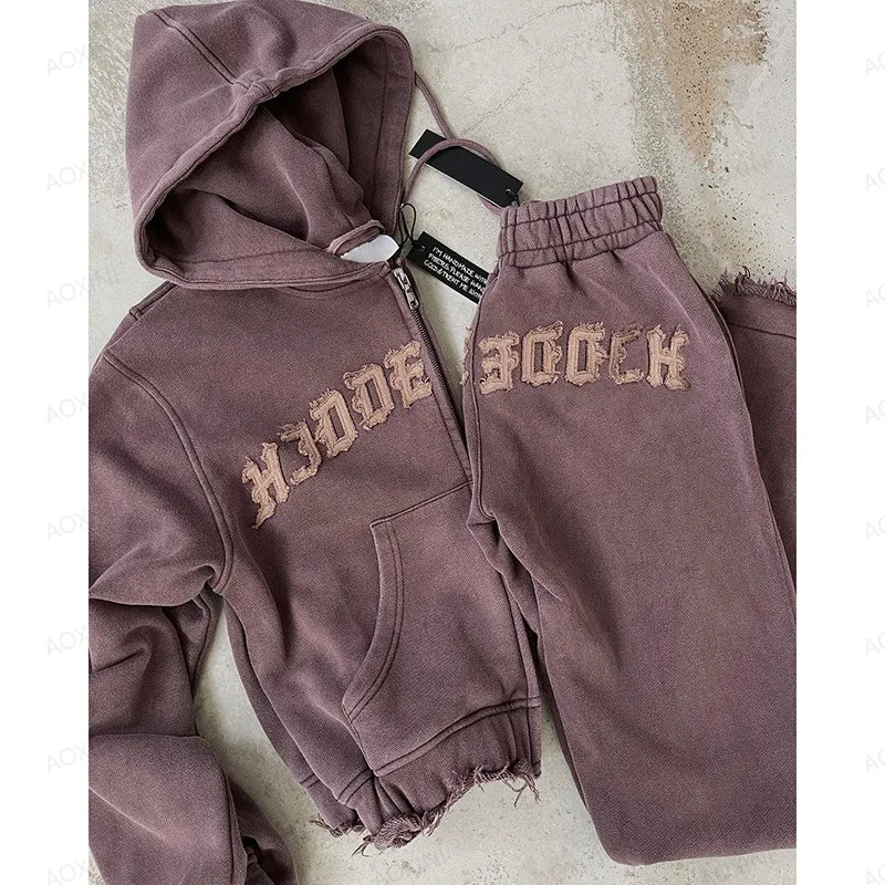 Custom Zip Thumb Hole Terry Hoodie Jacket Short Ripped Flare Pants Tracksuit Women Two Piece Loungewear Set 2025