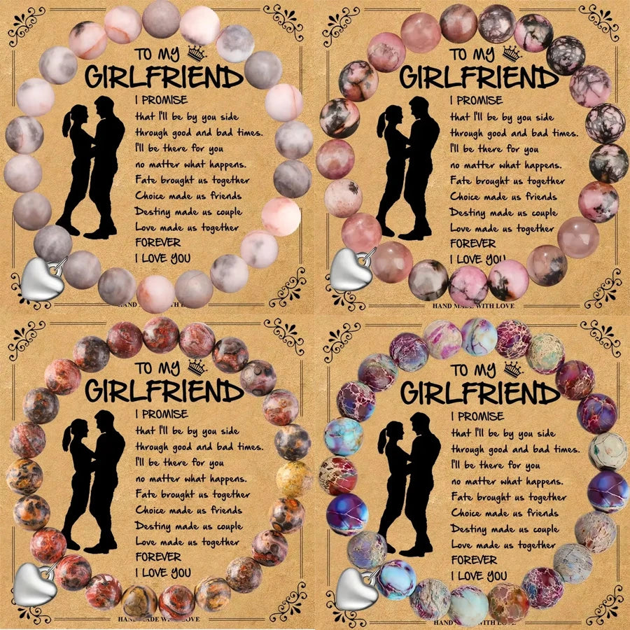 Wholesale 1PC/Card Love Heart Charms Stone Bracelets Girlfriend Gift Rose Quartz Pink Zebra Stone Healing Crystal Bracelets