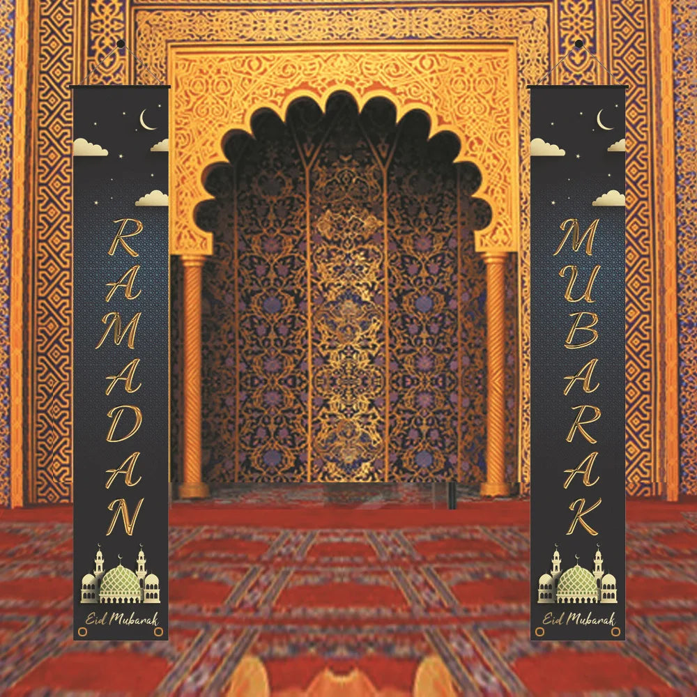 PAFU  Muslim Ramadan Party Flag Couplet Outdoor Lesser Bairam Festive Curtain Eid Muslim Style Festival Decoration Door Hanger