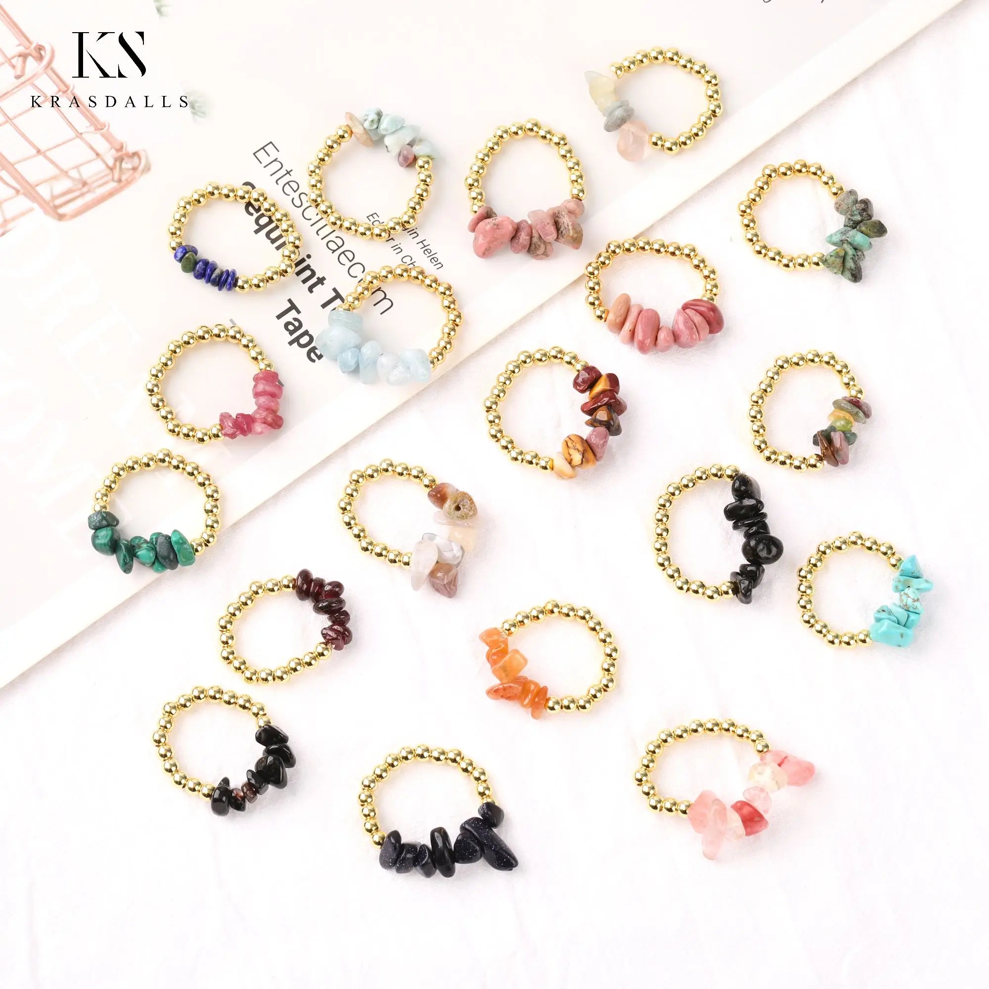 4mm Stainless Steel Ring Gold Beads Chips Stones Healing Crystal Classic Jewelry Stacking Rings