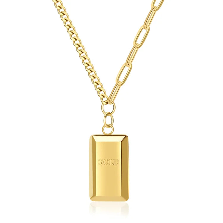 Wholesale Dainty Fashion Jewelry Stainless Steel Statement Necklace Small Gold Brick Pendant Gold Necklace