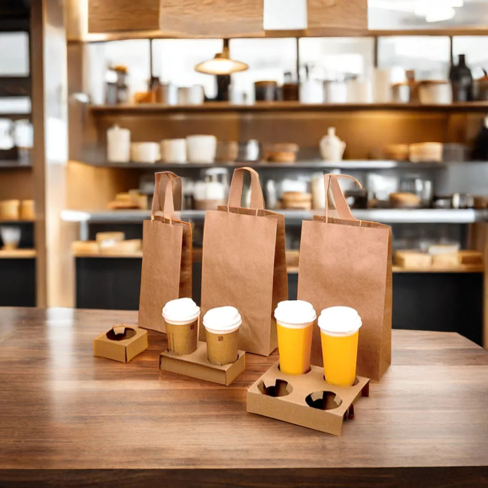 AT PACK Custom Logo Brown Paper Coffee Bags 2-Cups Coffee Handle Kraft Paper Bags for Cafe Coffee Take Out Bags