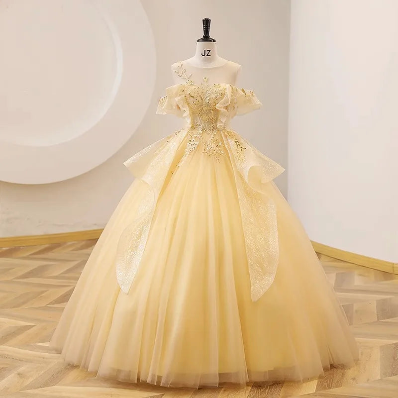 New Color Yarn Students Vocal Art Test Performance Bel Canto Solo Pondy Skirt Presided Yellow Evening Dress