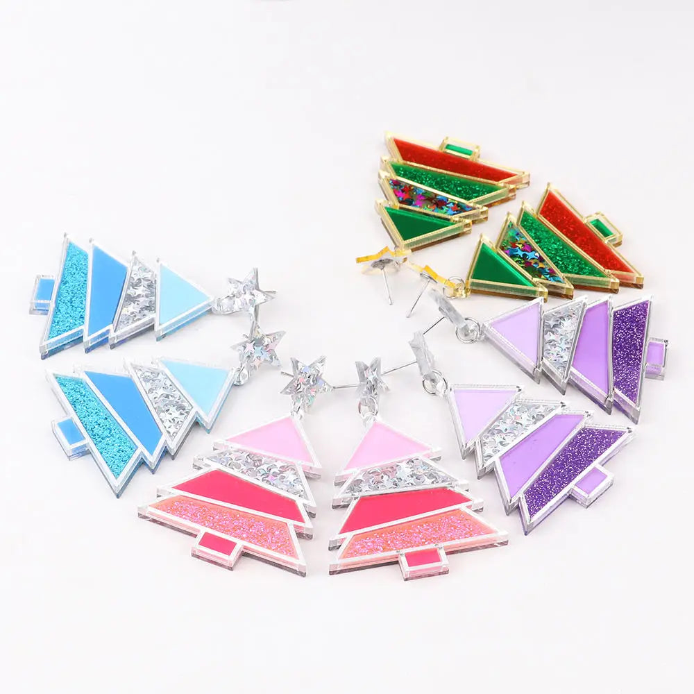 Ins Cute Girly Jewelry Christmas Glitter Star Moon Romantic pink Purple Colorful Mirror Christmas Tree Earrings Gifts