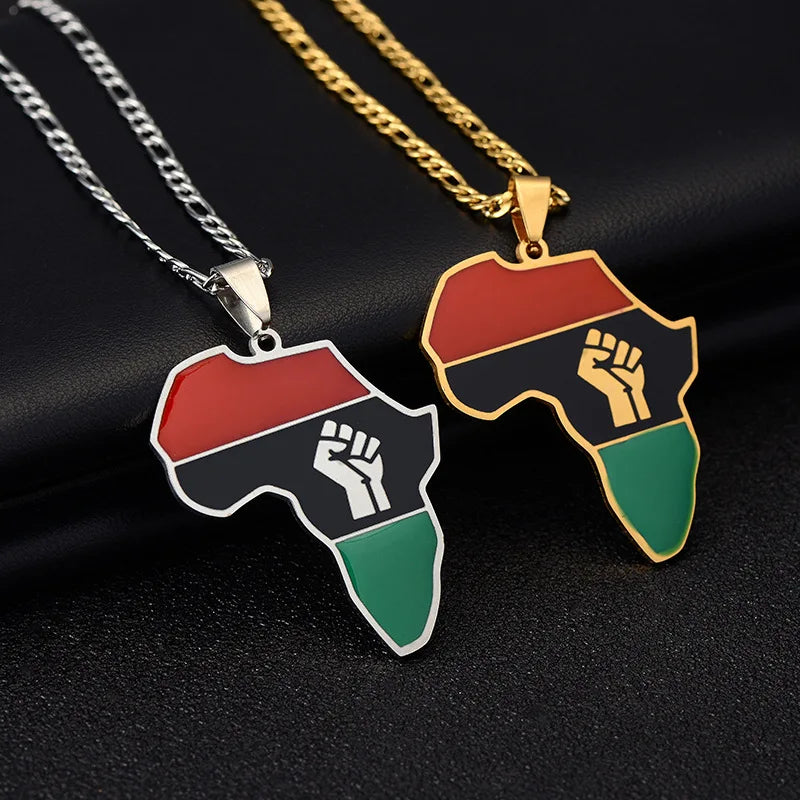 Hot Sale No Fade 18K Gold Plated Chain Map Africa Map Power Fist Pendant Necklace Vintage Statement Necklace