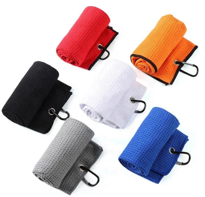 Many Colors Available Custom Print Logo and Metal Clip Hook Outdoor Sports Cleaning Microfiber Waffle Golf Towel with Brush