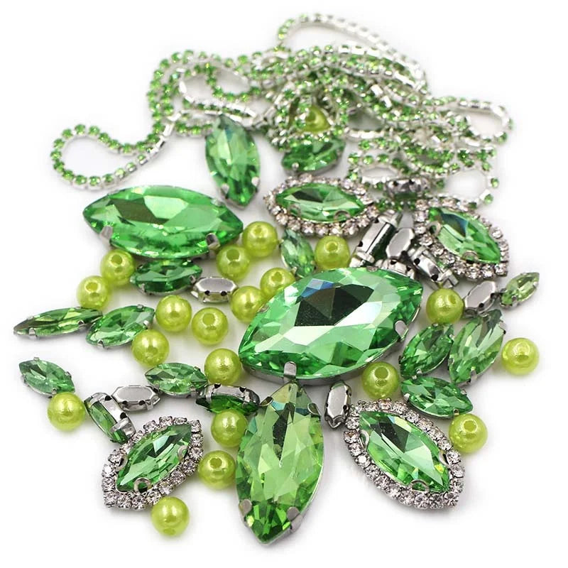 Factory Direct Sales Light Green Horse Eye Mix Size Crystal Glass Sew-on Rhinestones+pearl+cup Chain