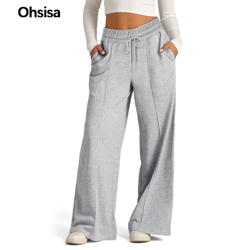 Ohsisa 2025 Women's Casual Trousers Latest Fashionable Loose Wide-leg Design with Drawstring Waist Solid Color