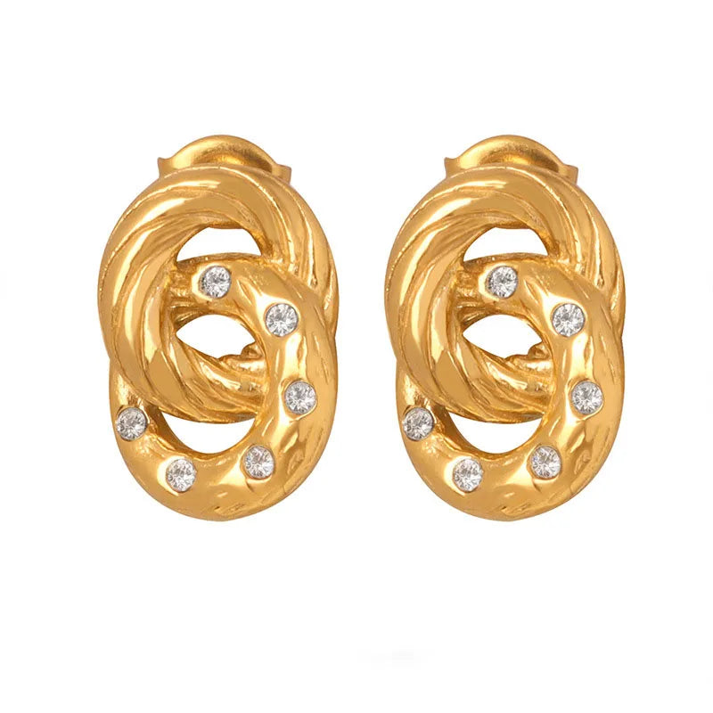 Waterproof PVD 18K Gold Plated Stainless Steel Double Circle CZ Stone Setting Fashion Earrings 2025