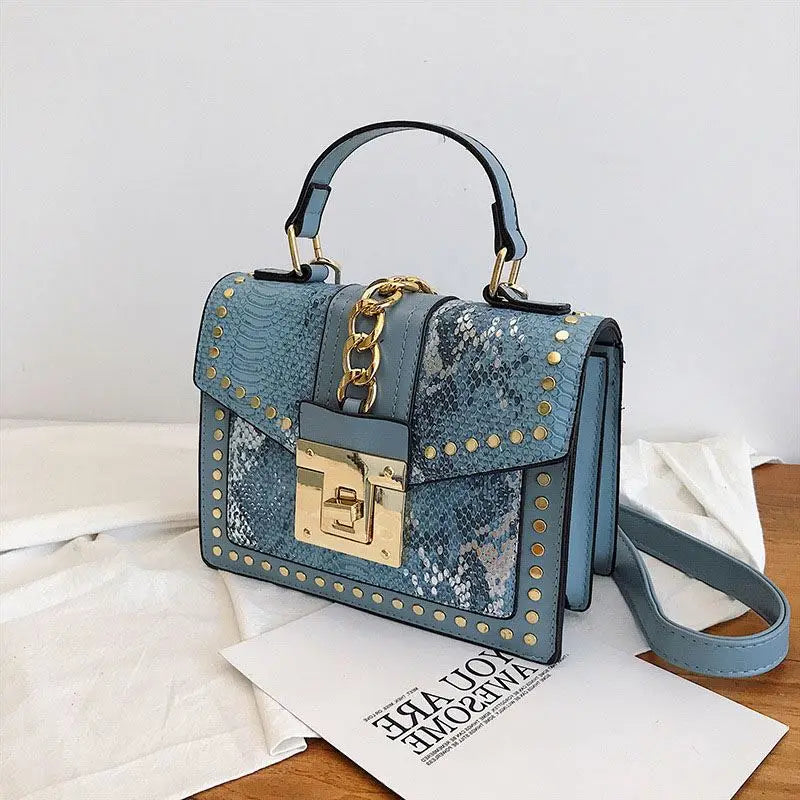 L191122 Wholesale Fashion Designer Lock Snakeskin Pu Leather Handbag Custom Purses and Handbags Women with Rivet
