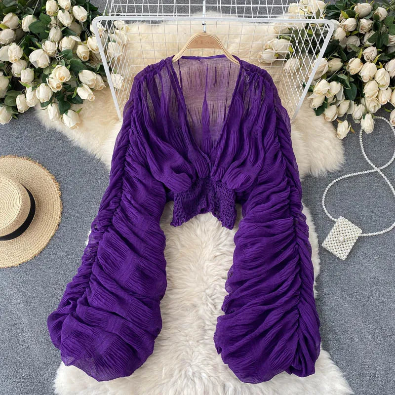 Wholesale European 2026 Spring New Fold Bubble Sleeve Solid Color Short Tops Fashion Casual Chiffon Women's Blouses and Shirts