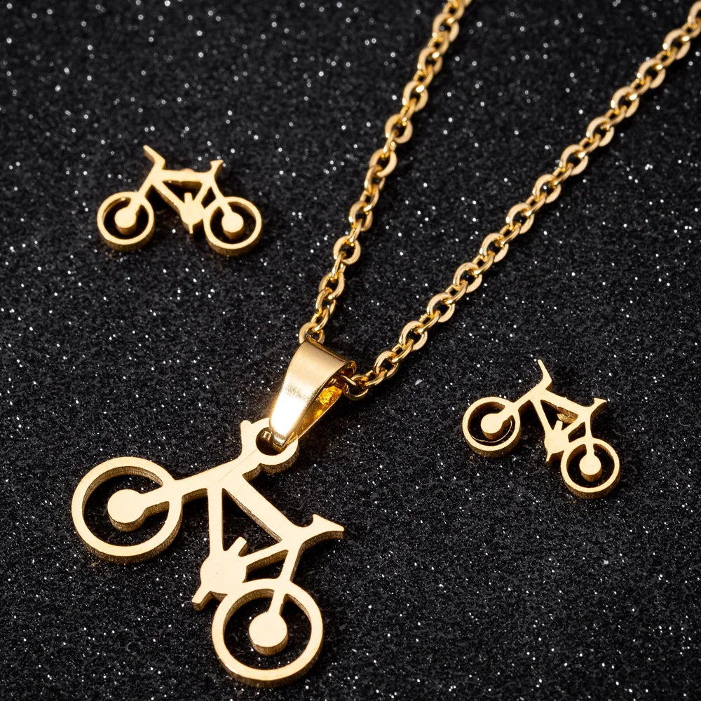 Stainless Steel 18K Gold Bike Charm Cycle Style Cycling Bicycle Pendant Sports Necklace Earrings Set
