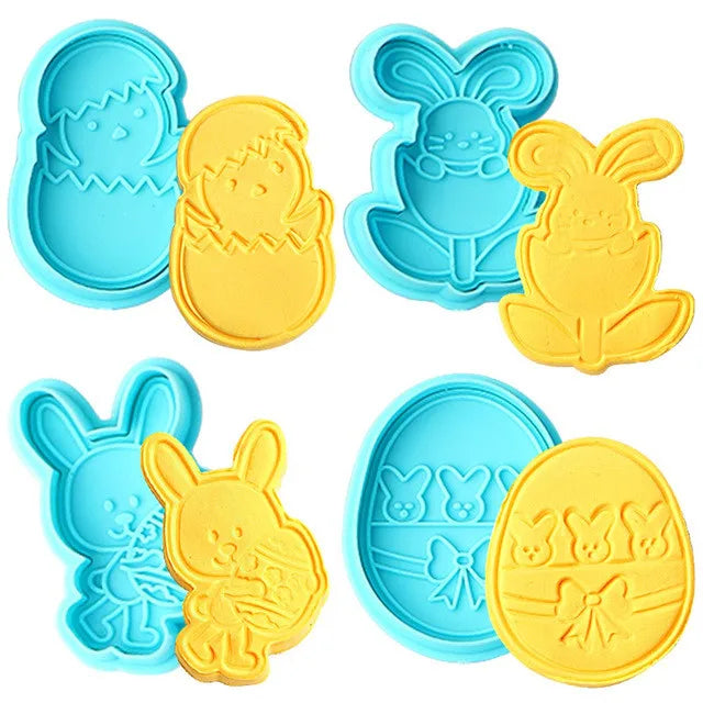 HY 4Pcs DIY Easter Bunny Plastic Baking Mold Easter Egg Biscuit Cookie Cutter Plunger Fondant Cake Tools