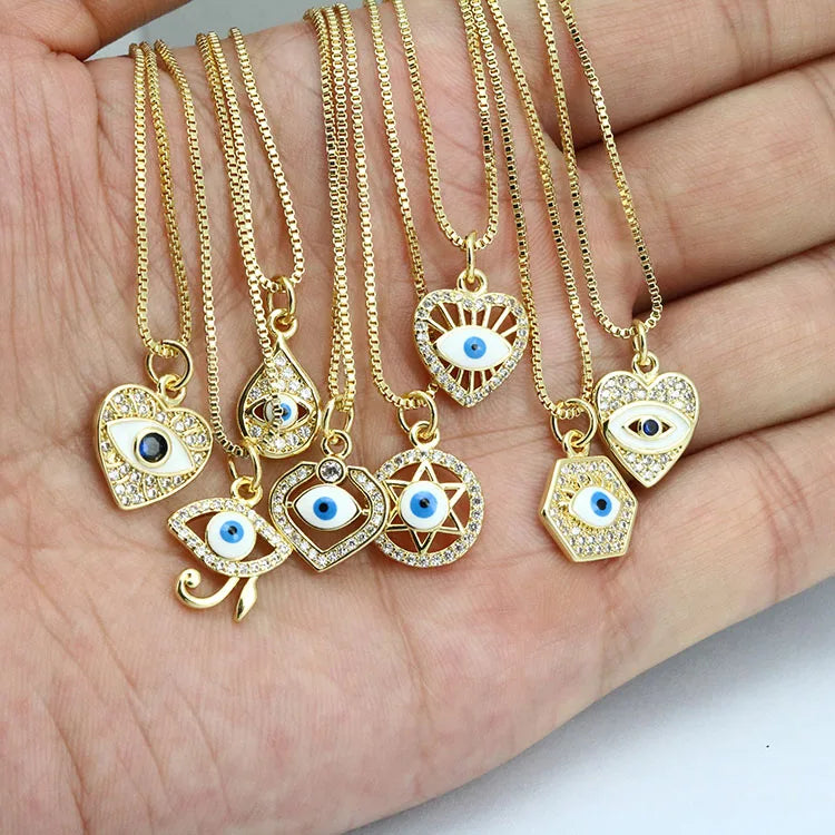 NZ1445 Chic Dainty Minimal Mini 18k Gold Plated CZ Micro Pave Enamel Blue Evil Eyes Charm Pendant Chain Protection Necklace