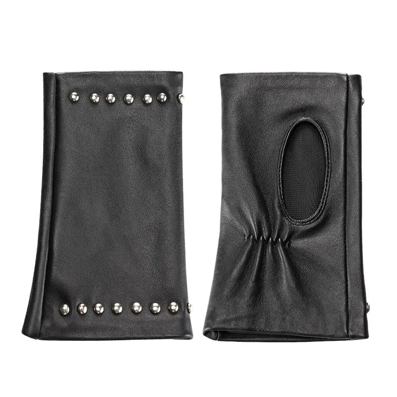 Vintage Ladies Leather Gloves Rivet Decoration Half Finger Sheepskin Gloves