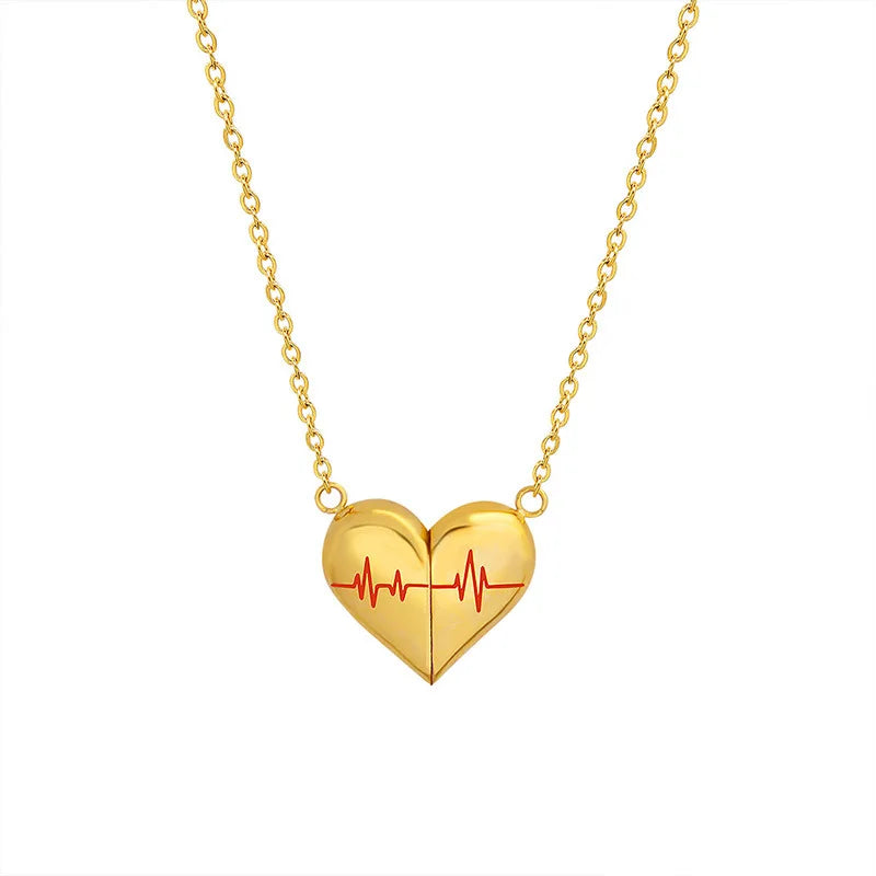 Moge Joyas De Acero Korean Design Jewelry Best Friends Heartbeat Pendant Magnetic Heart Necklace for Girls Gift