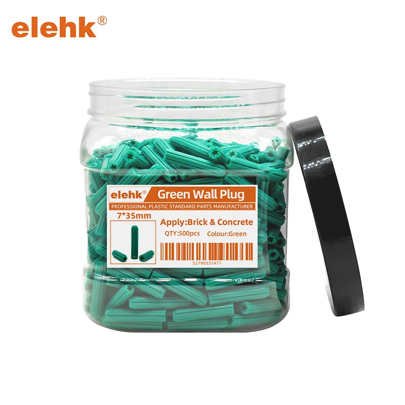 1-1/2" Length Green Expansion Plastic Screw Anchors Box Packing Green Wall Plug Plastic Anchor for 1/4" Hole Screws 500pcs