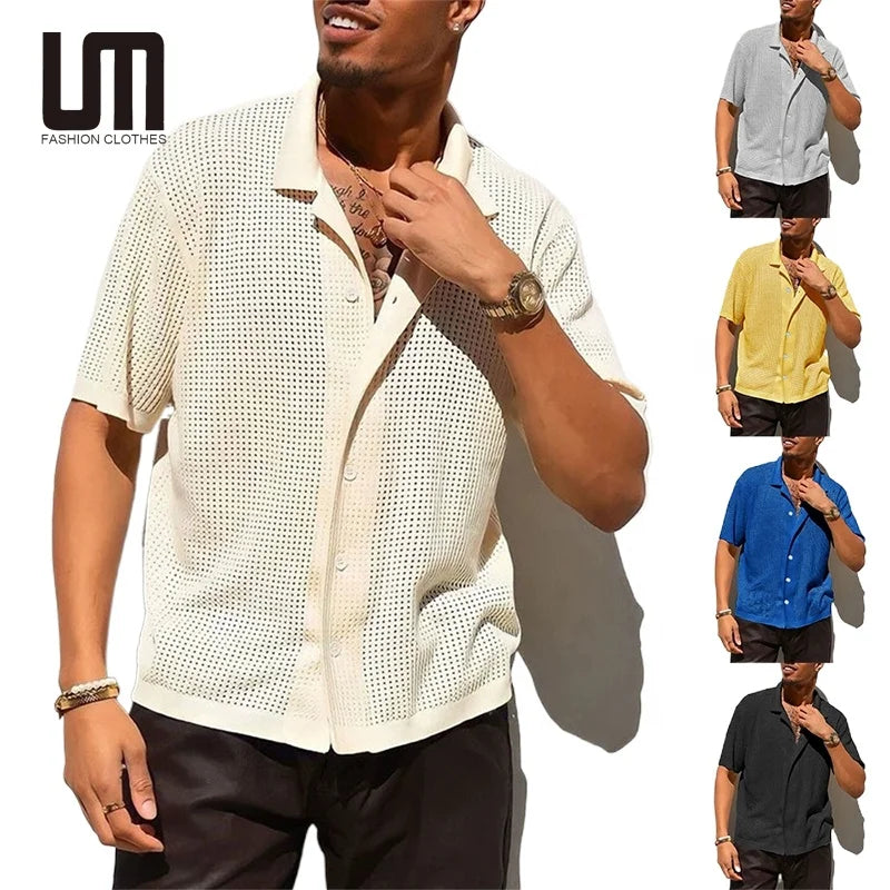 Liu Ming Hot Selling Products 2025 Summer Men S Clothes Hollow Out Knitted Tops Buttons up Short Sleeve T Shirts
