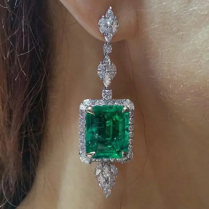 Huitan Vintage Luxury Style Rectangle Design Green Crystal Cubic Zirconia Dangle Earrings Bridal Wedding Pendant Earrings Women