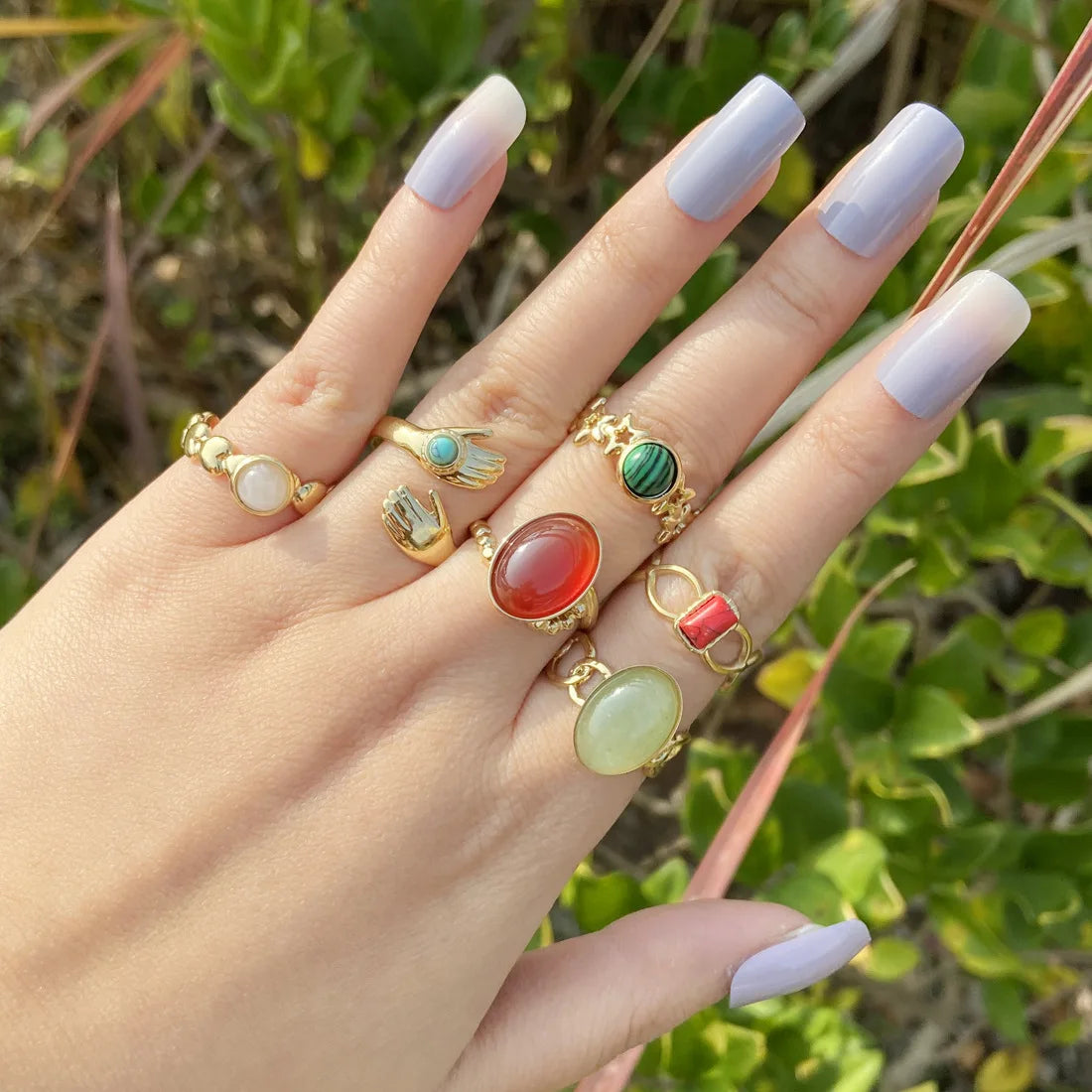 Europe and the United States Cross-border New Natural Stone Stainless Steel Ring Geometric Metal Ladies Ring Fashion INS Jewelry