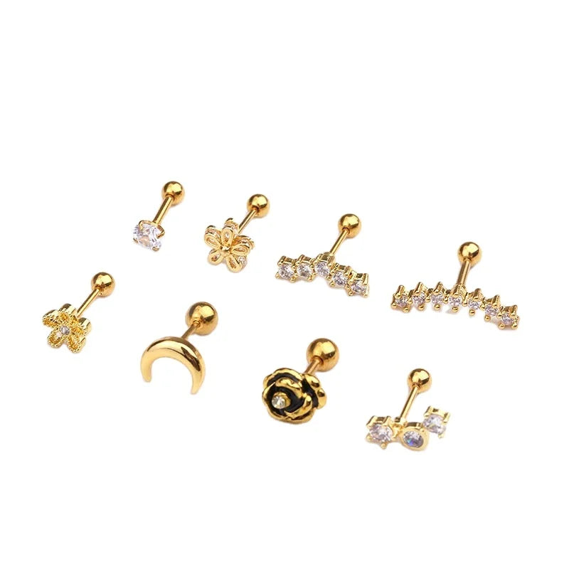 New Stainless Steel Zircon Stud Earrings Thread Flower Ear Bone Nails Hot Body Piercing Jewelry