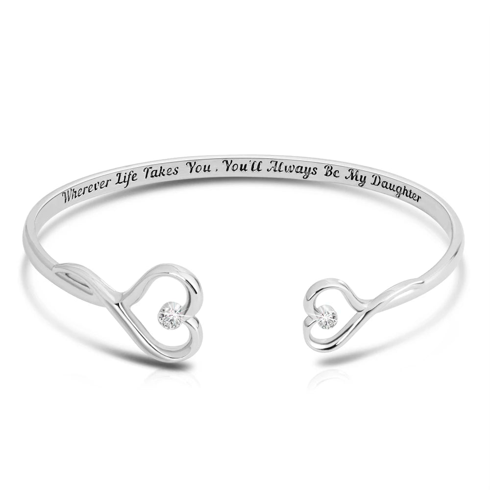 Adjustable Women's Crystal Double Heart Bowknot Cuff Bracelet Engraved 'You'll Always Be My Daughter' Fashion Jewelry Gift