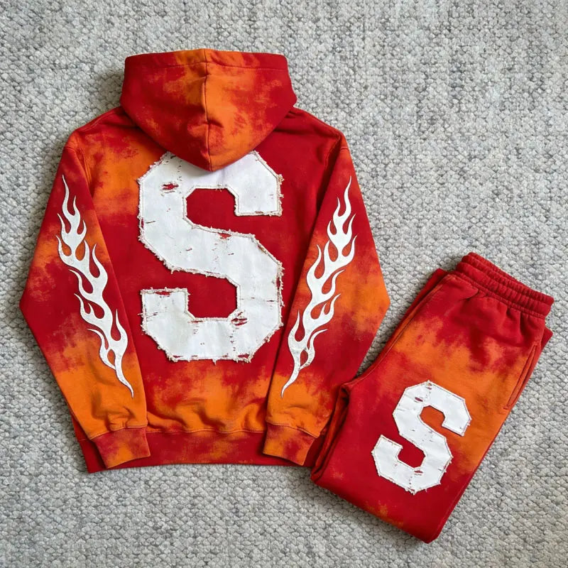 Custom Patch Embroidery Logo Jogger Acid Wash Sun Faded Flared Sweatpants Sweatsuit Distressed Embroidered Hoodie Set